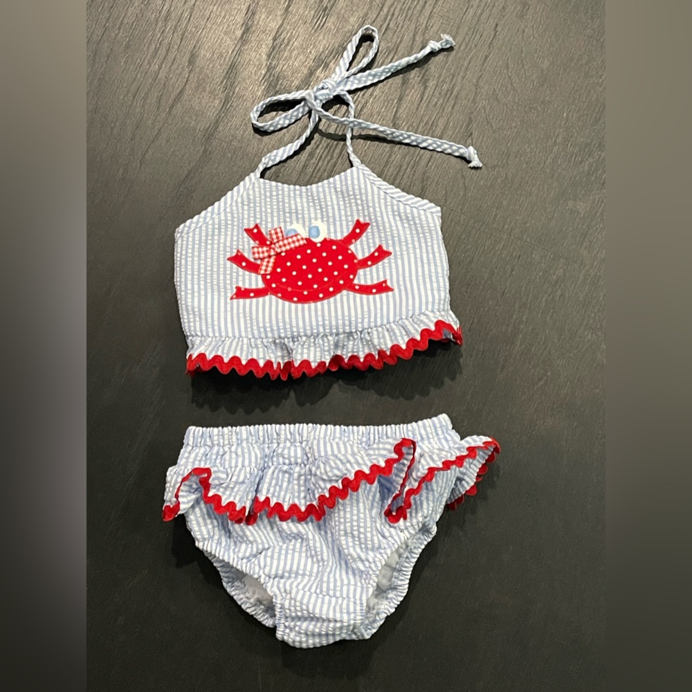 Southern Sunshine Kids 2 Piece Seersucker Blue White Bikini Halter Swjm Size 5
